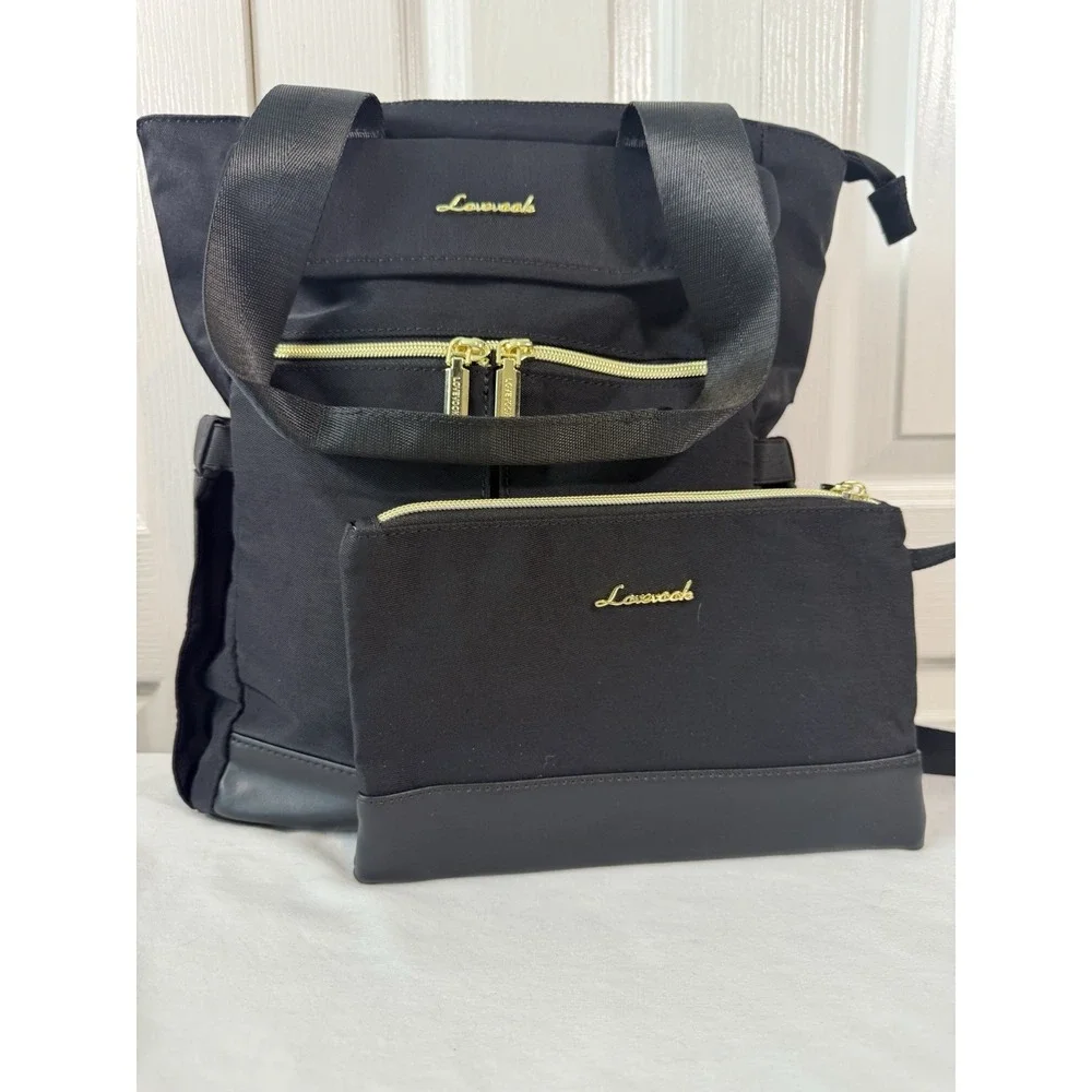 Black Lovevook Backpack Tote Bag 2-Piece Set w/ Pouch Gold Zippers NWT‎